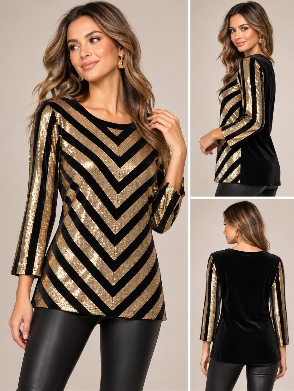 EUC Vevet Sequins INC International Concepts Black and Gold Chevron Tunic Top S